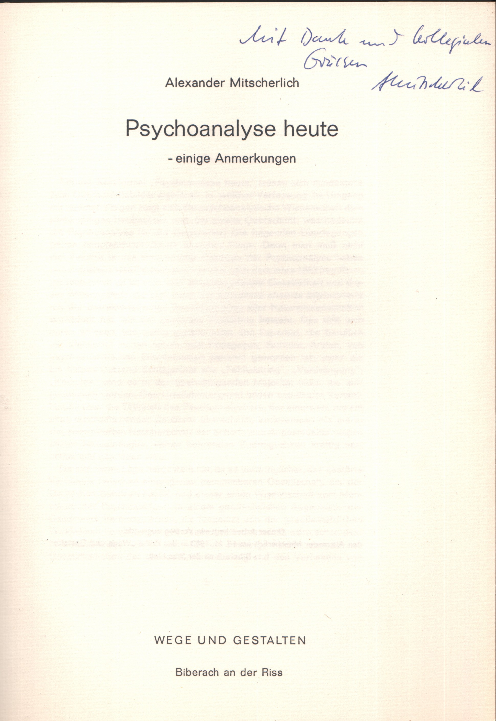 Mitscherlich - Psychoanalyse heut, 1963, signiert