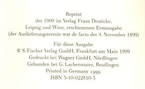Freud - Die Traumdeutung, Vorsatzblatt Reprint 1999