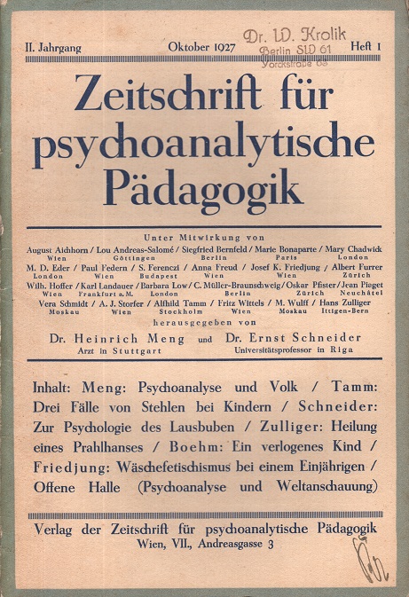  Zeitschrift für psychoanalytische Pädagogik 1927 - Ausgabe 1