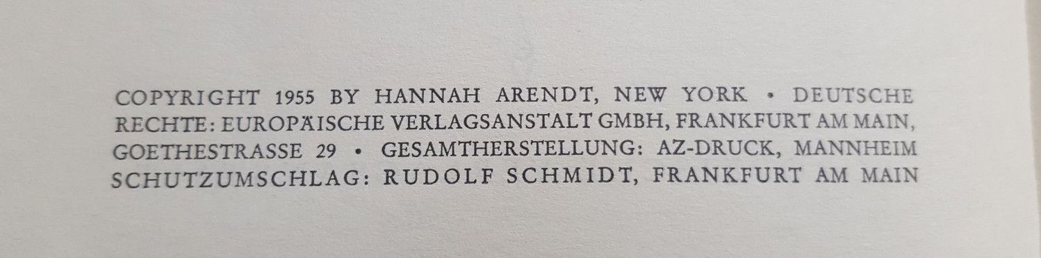 Arendt - Elemente und Ursprünge totaler Herrschaft, Dt. EA, Impressum