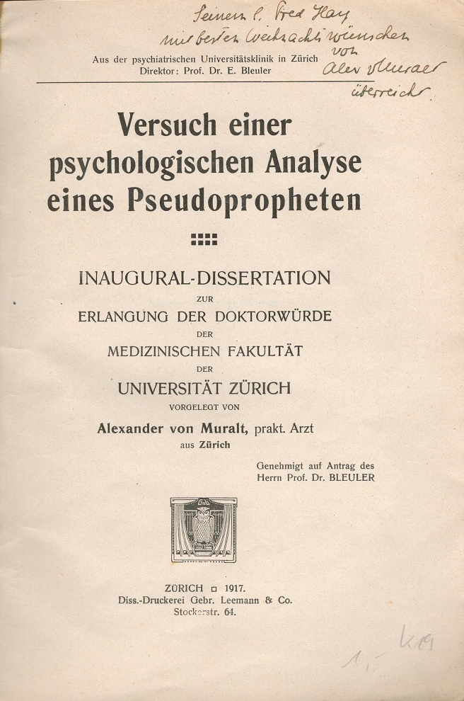 Versuch einer psychologischen Analyse eines Pseudopropheten - Titelblatt mit Widmung