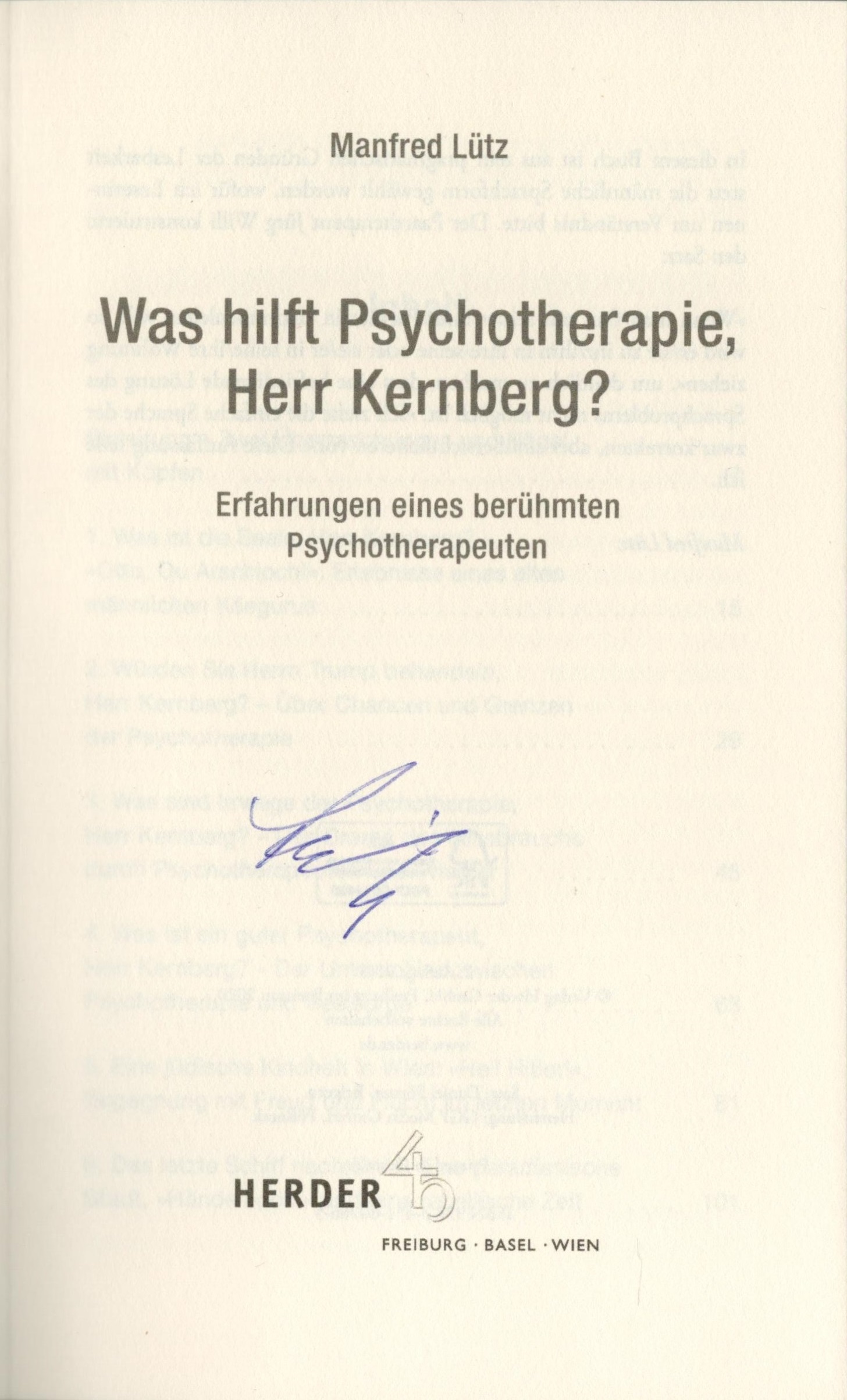 Was hilft Psychotherapie, Herr Kernberg? - Titelblatt mit Signatur