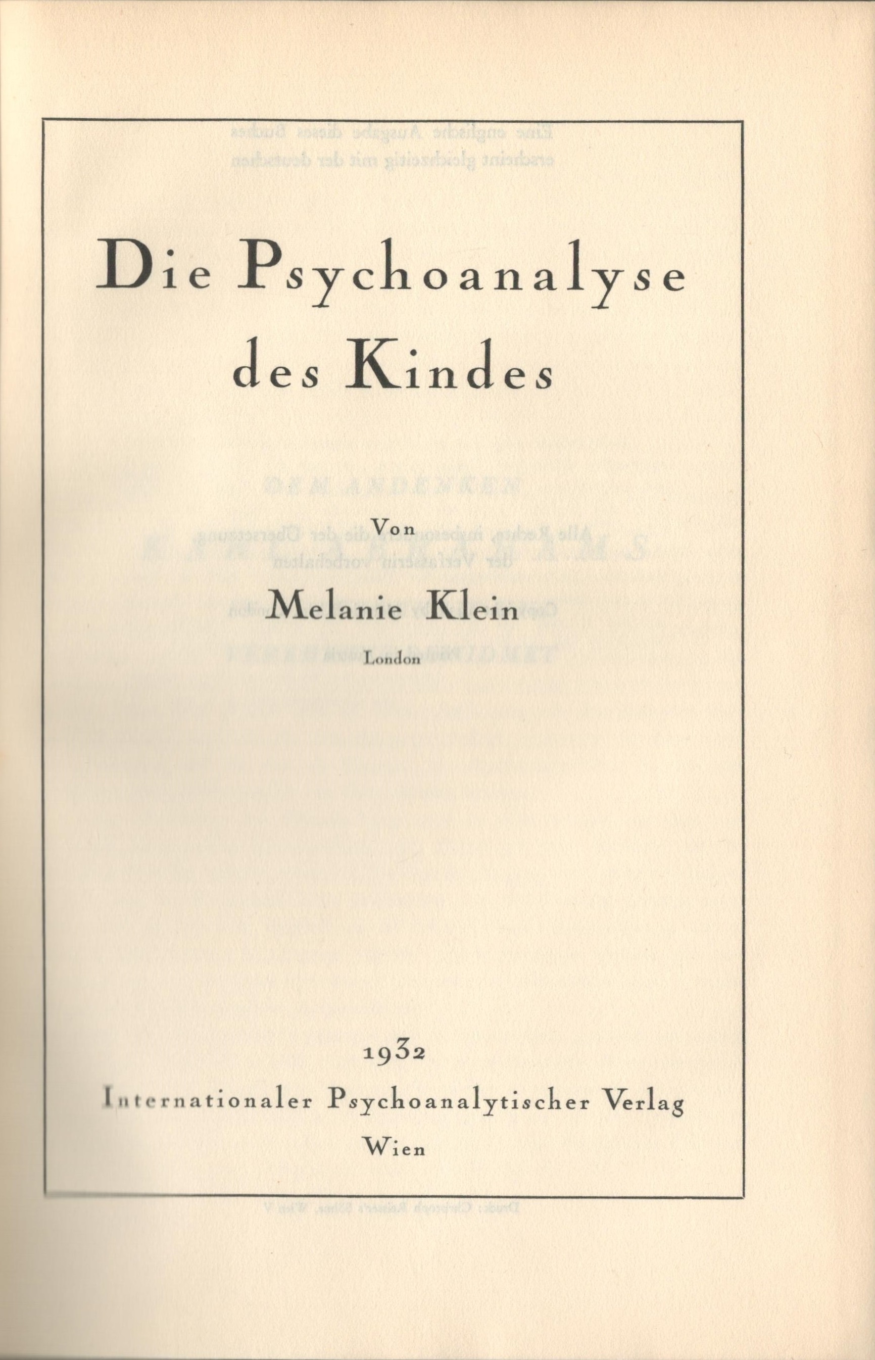 Die Psychoanalyse des Kindes - Titelblatt