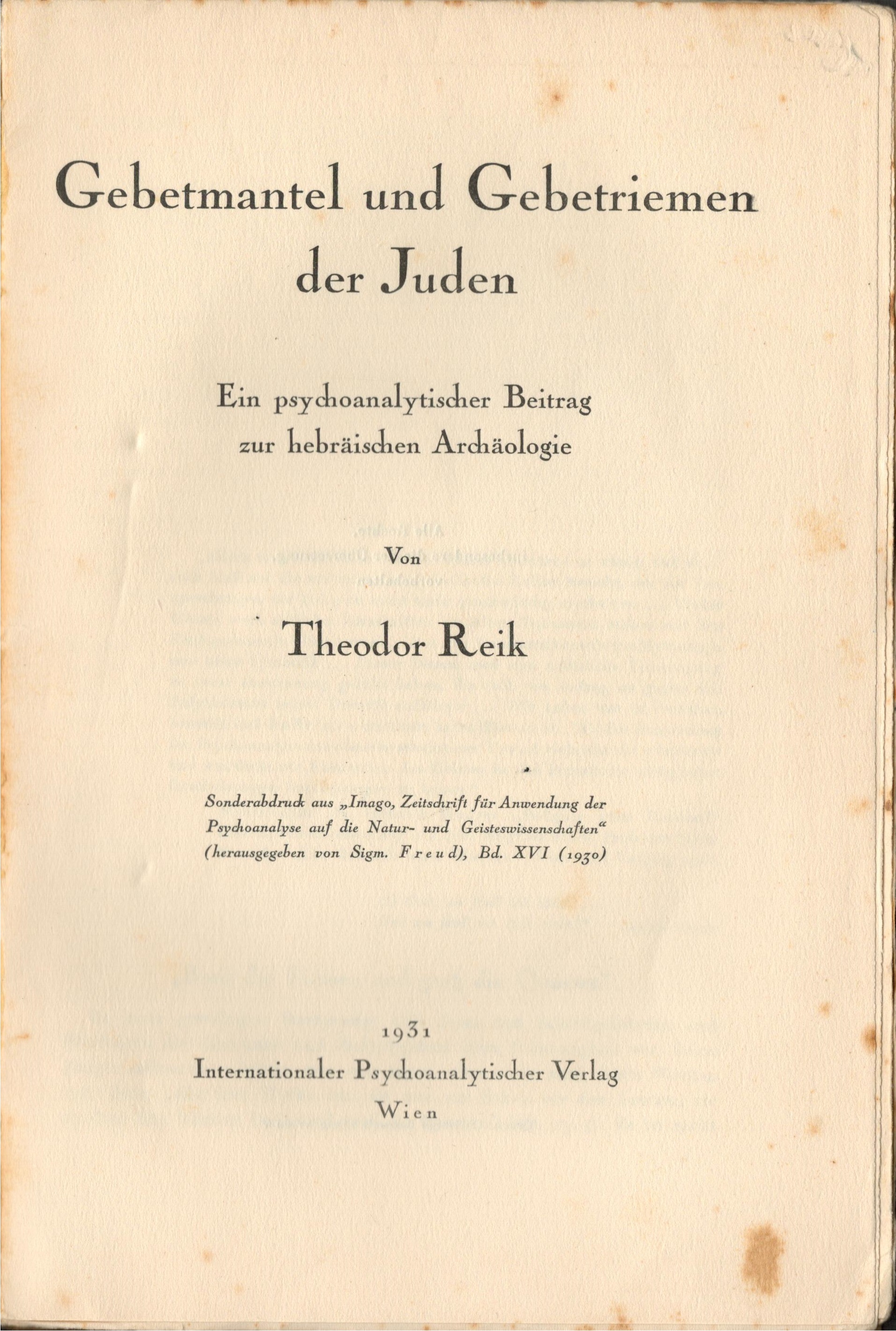 Theodoe Reik: Gebetmantel und  Gebetsriemen der Juden, Vorsatz