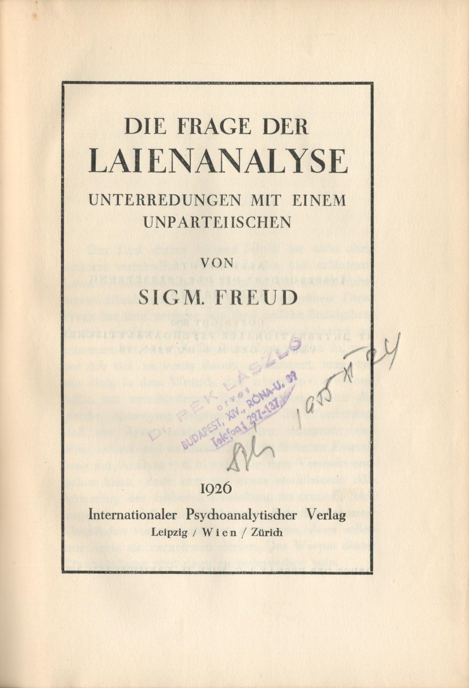 Sigmund Freud: Die Frage der Laienanalyse - Titelblatt mit Stempel und Bleistiftmarkierungen 