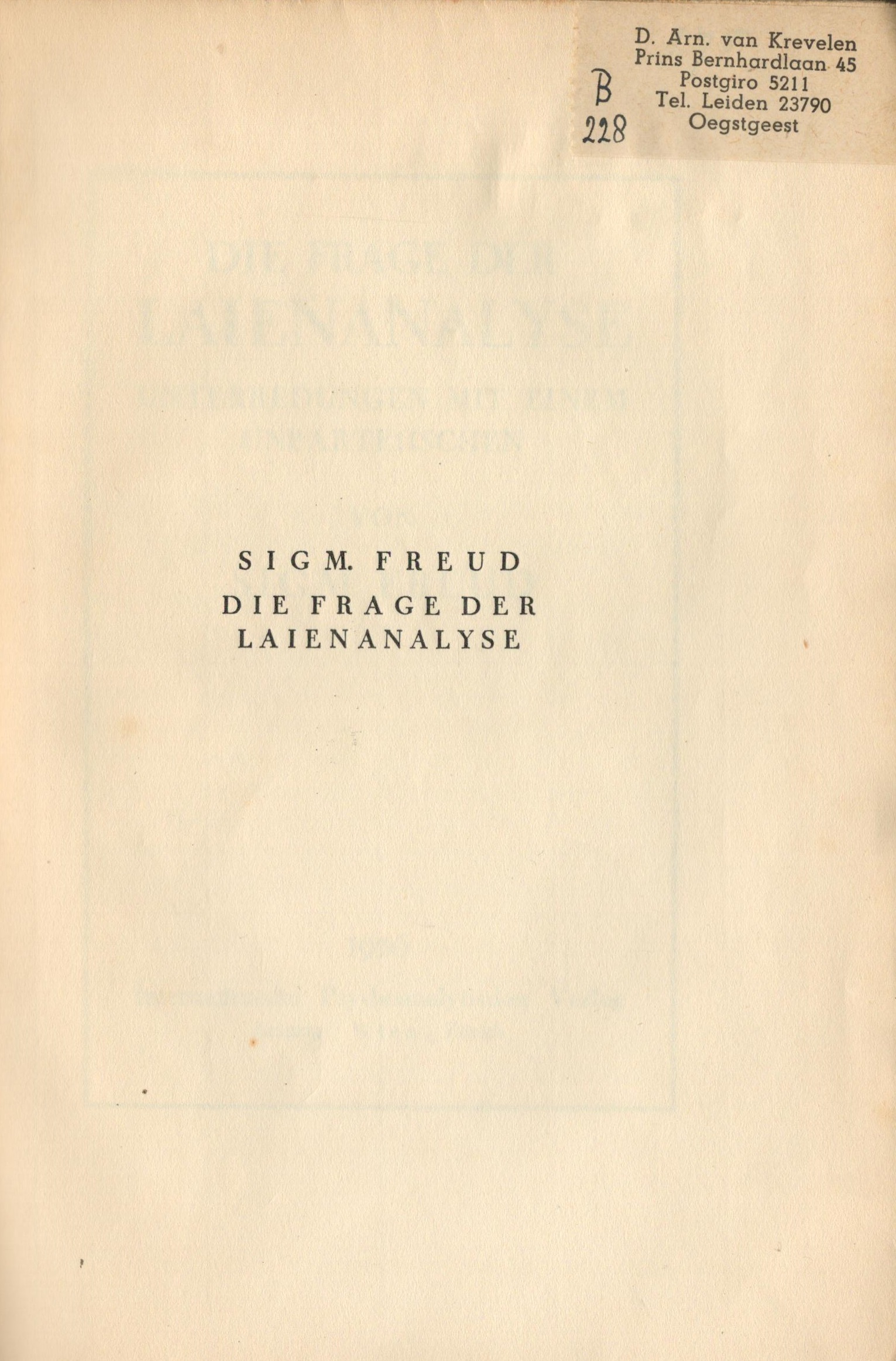 Die Frage der Laienanalyse - Vorsatz mit Stempel des Vorbesitzers