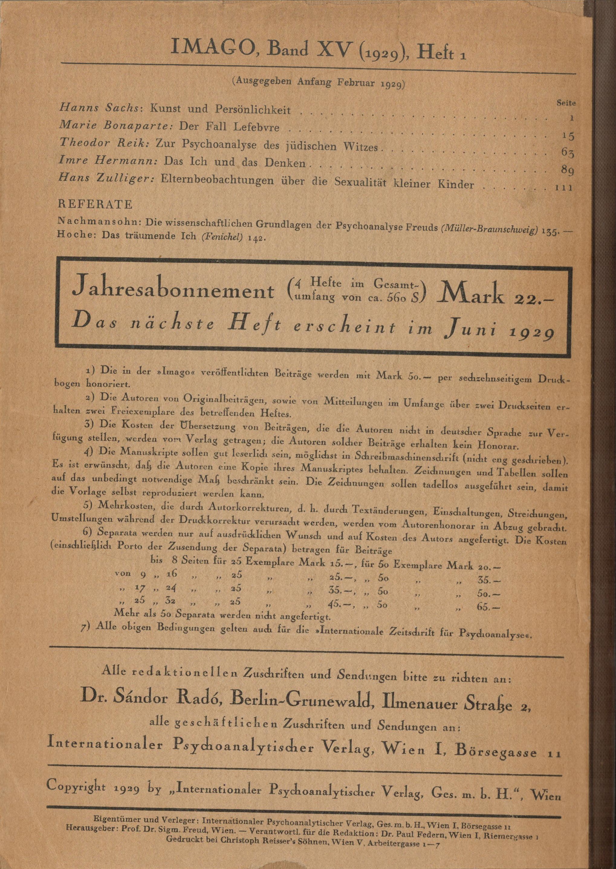 IMAGO, 1929, Ausgabe 1, XV. Band - Buchrücken